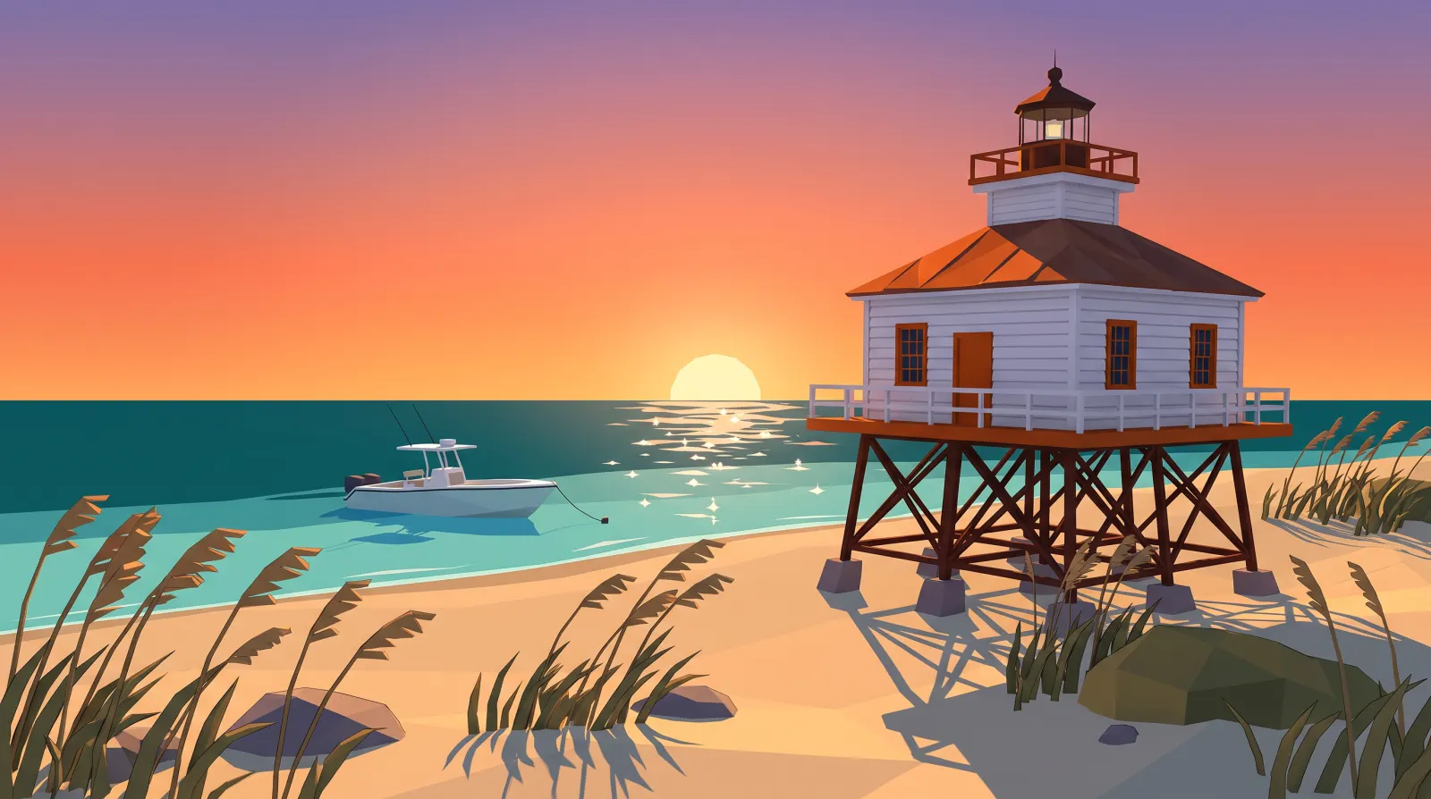 Low-poly illustration of the Boca Grande Lighthouse on a long sandy island