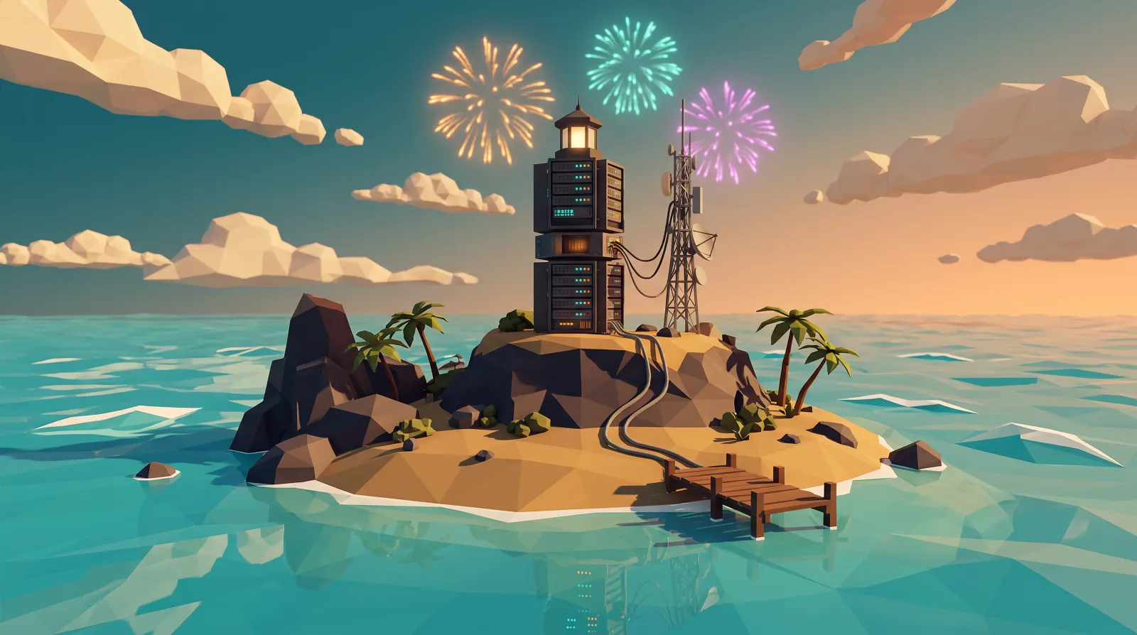 Low-poly illustration of Firecracker Cay, a rocky hill with a server lighthouse and antenna mast