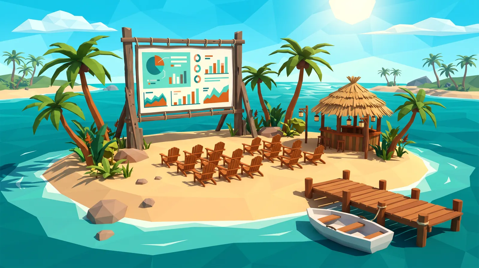 Low-poly illustration of Fresh Deck Key, an island with a slide screen, a tiki hut and deck chairs