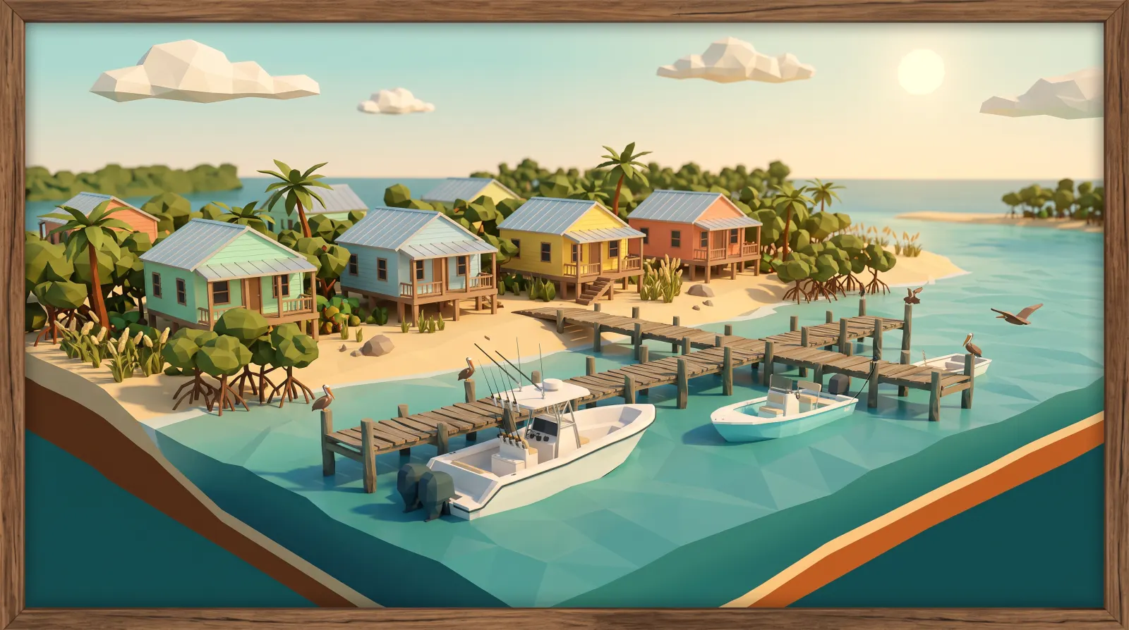 Low-poly illustration of Little Gasparilla, a long barrier island with palms and moored fishing boats