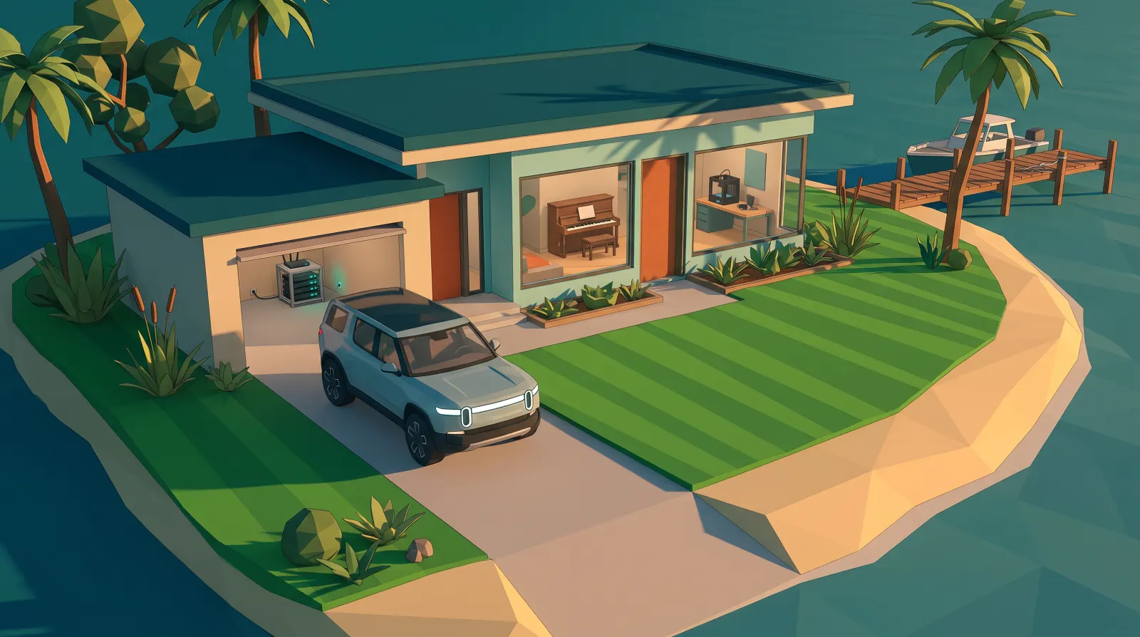 Low-poly illustration of Paspalum Point, a house with a garage, a piano and a striped lawn