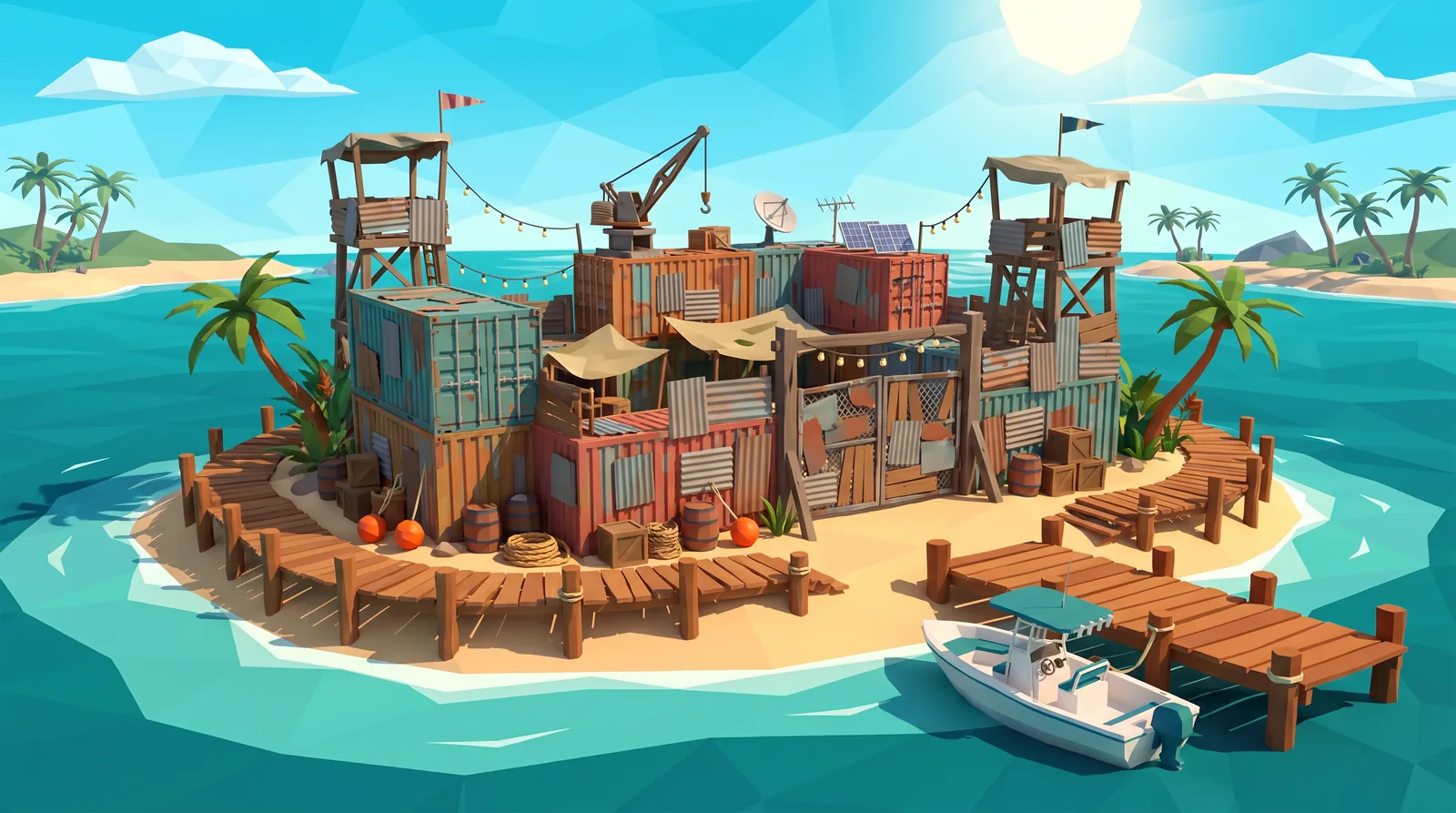 Low-poly illustration of The Fortilla, a fort of stacked shipping containers and lookout towers on a sandy islet