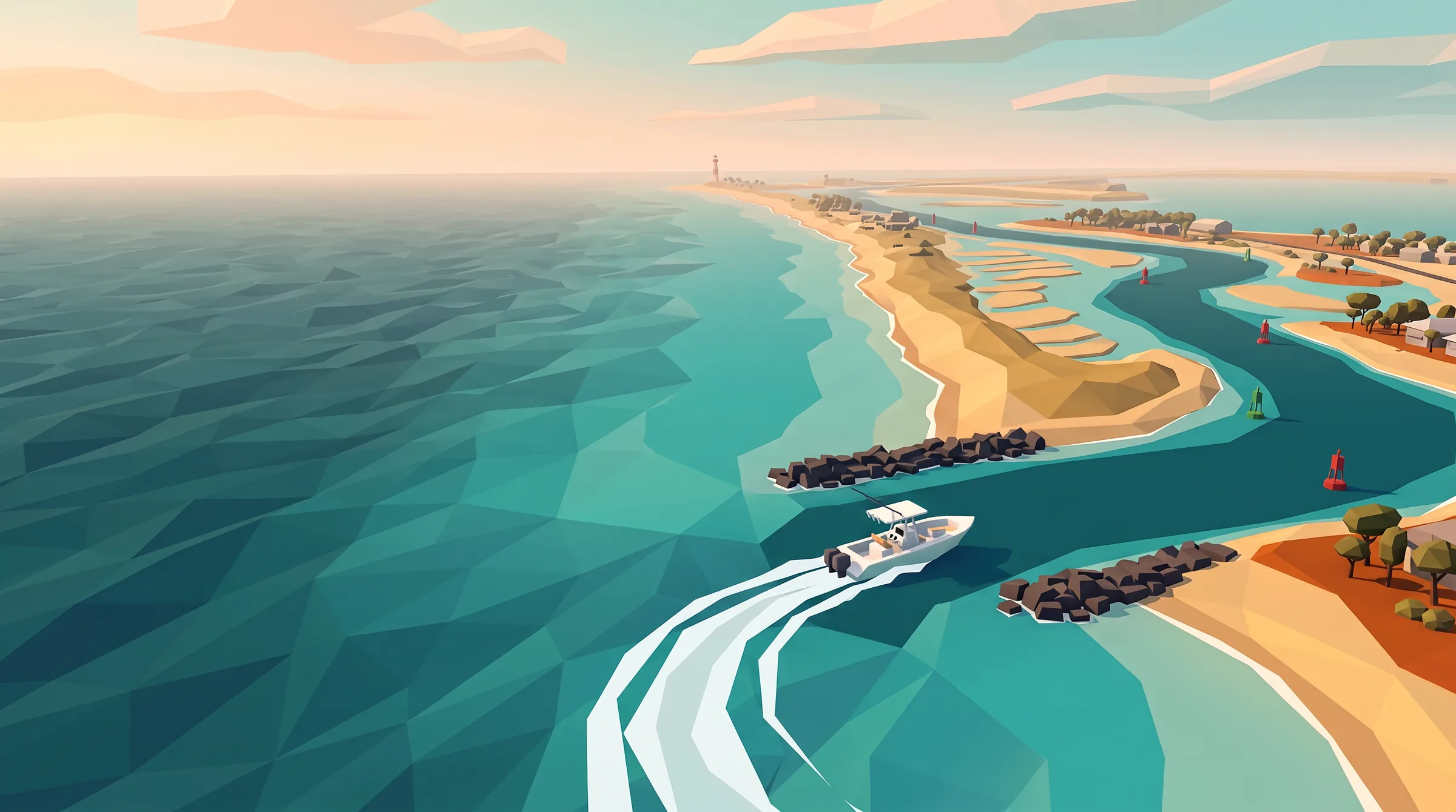 Low-poly aerial illustration of the Venice Inlet and the Gulf Coast of Florida