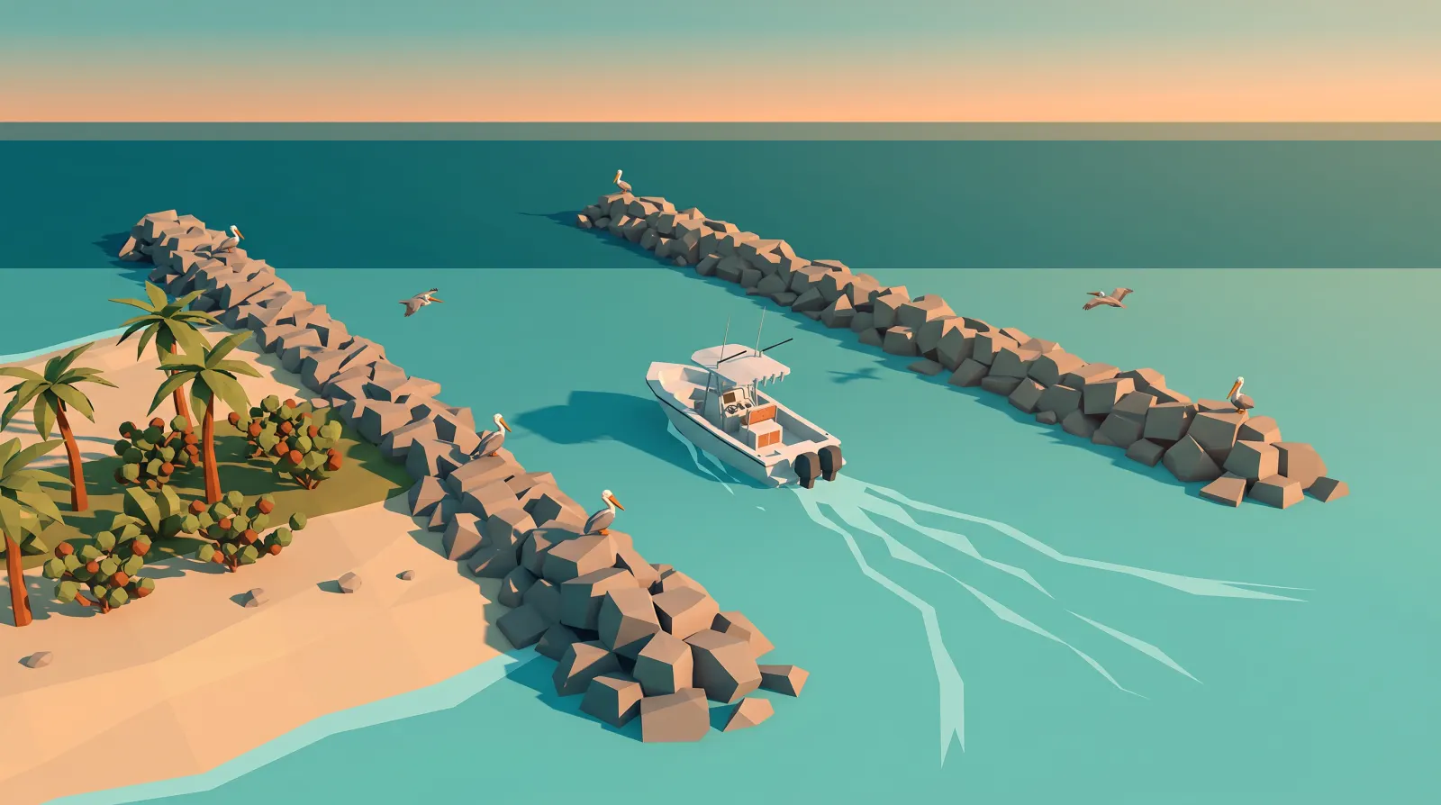 Low-poly illustration of Venice Inlet, a boat ramp and jetties leading out to the Gulf